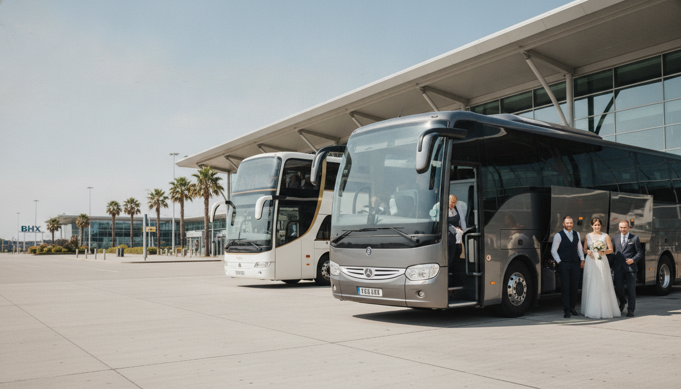 Elegant Wedding Coach Hire: Ensuring Your Guests Arrive in Style in Birmingham — executive coach meeting a group at Birmingham Airport