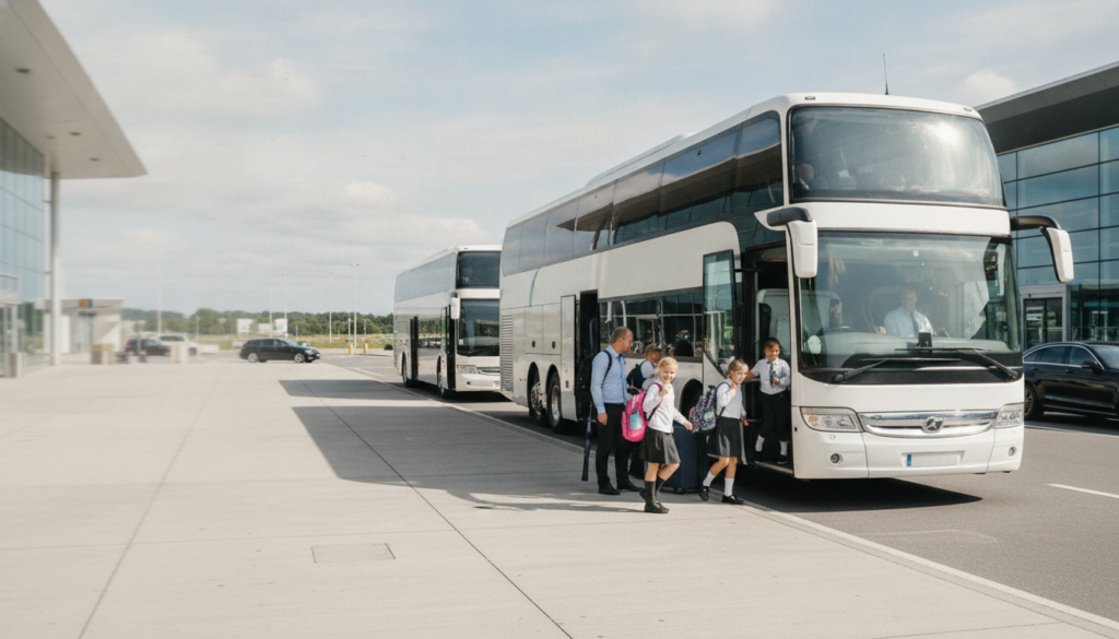 Safe & Reliable Coach Hire for Birmingham School Excursions — executive coach meeting a group at Birmingham Airport