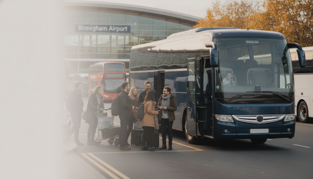 Autumn Adventures: Group Coach Trips from Birmingham Airport — executive coach meeting a group at Birmingham Airport
