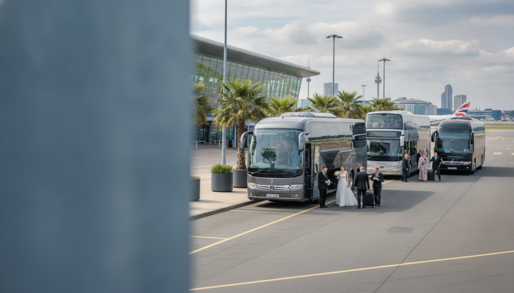 Planning Your Birmingham Wedding Transport: A Comprehensive Guide — executive coach meeting a group at Birmingham Airport